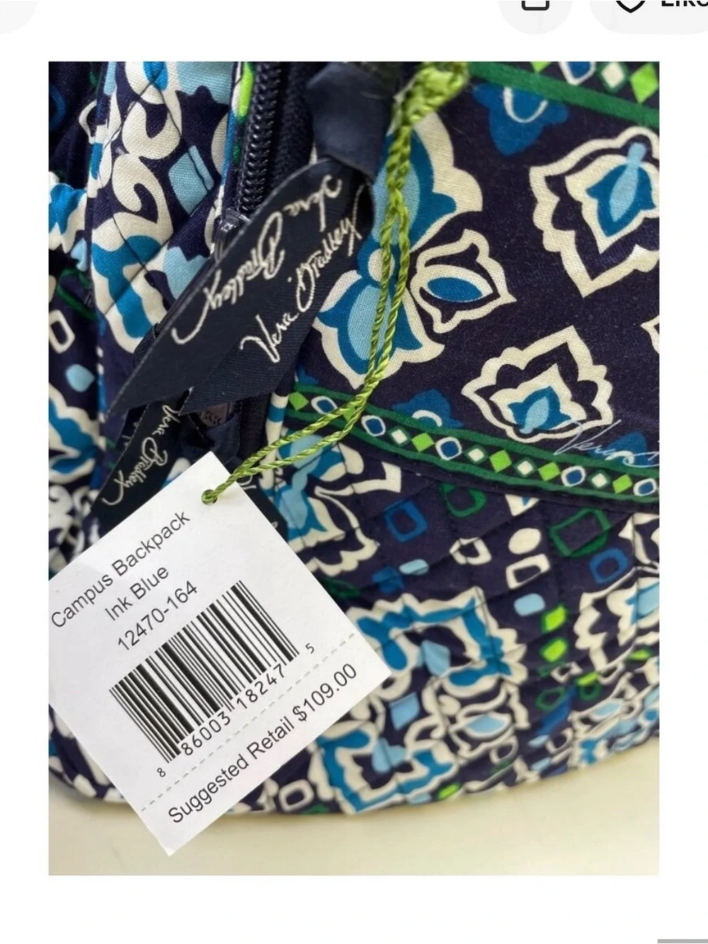 Vera Bradley Quilted Navy and Teal Patterned Women’s Campus Backpack Ink Blue